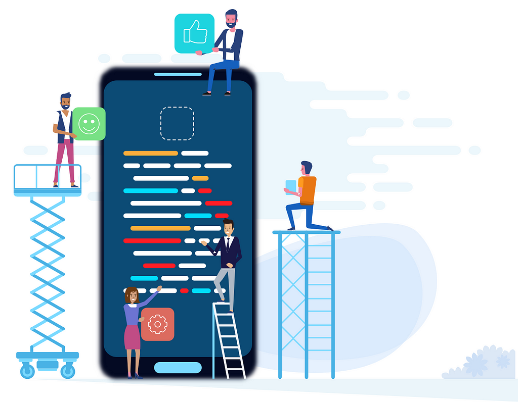 Illustration of people building a mobile app by blocks of elements