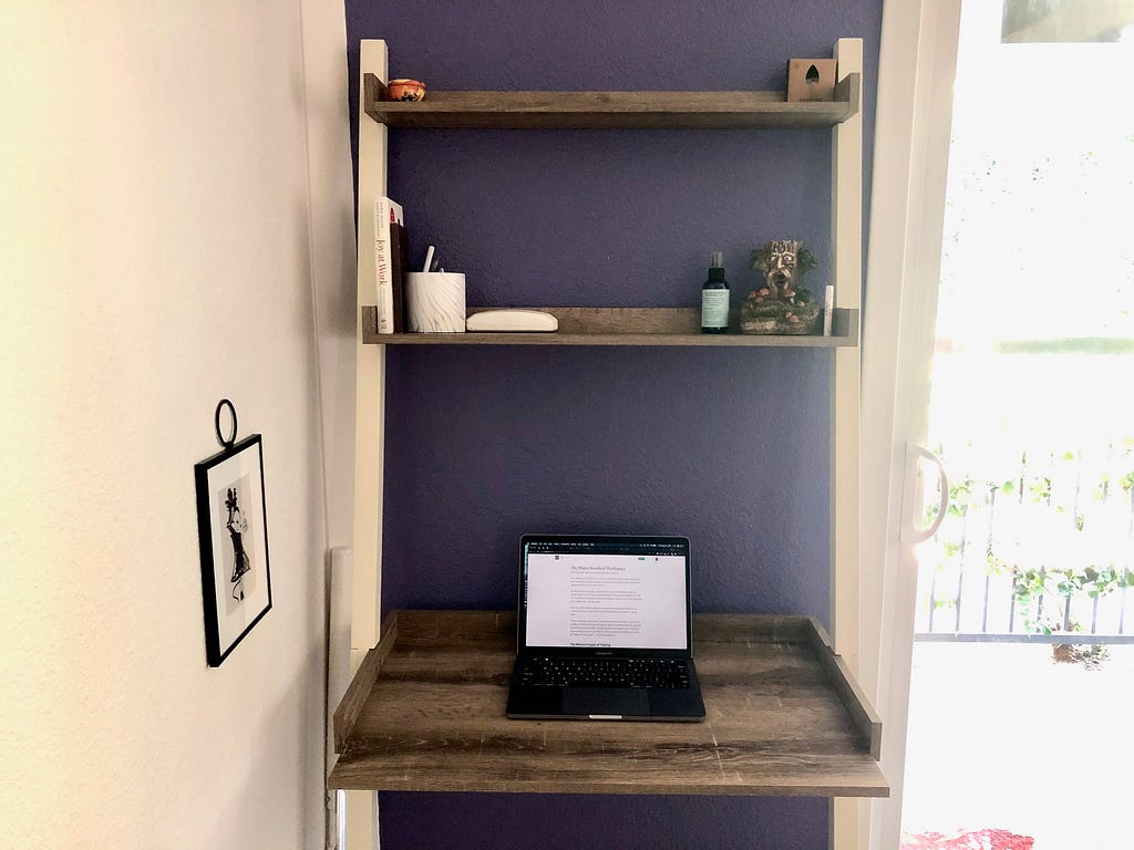 Desk with two shelves, neatly organized