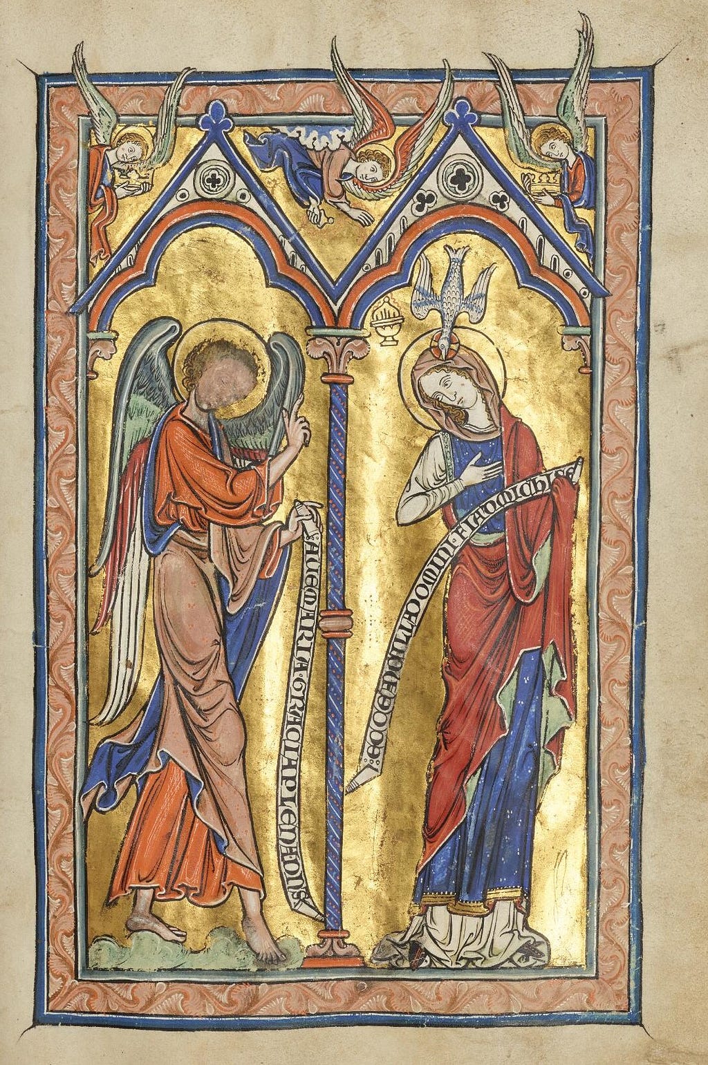 Angel Gabriel and Virgin Mary stand under adjacent trefoiled arches topped by pointed gables. Angels with large wings and cropped at their waists hold crowns in the top left and top right corners. Between the gables, an angel dangles a thurible close to Mary’s head, where a dove ‘speaks’ in Mary’s ear. Gold background with blue and orange rectangular border all around.