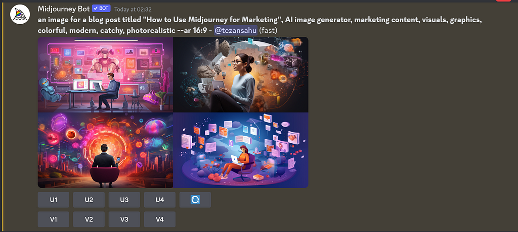 Midjourney’s response to the prompt “an image for a blog post titled “How to Use Midjourney for Marketing”, AI image generator, marketing content, visuals, graphics, colorful, modern, catchy, photorealistic”
