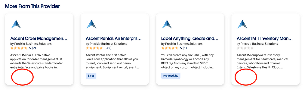 Missing tags in the More From This Provider section on Salesforce AppExchange Listing for Ascent ERP.