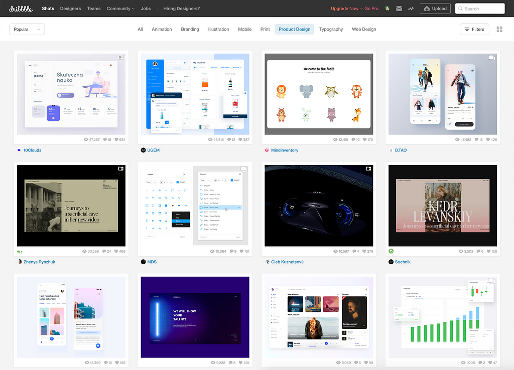 The front page of the website Dribbble, showing monochrome, minimalist websites.