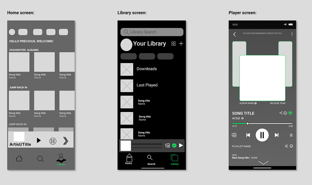 Rough wireframe of the home screen, library and player