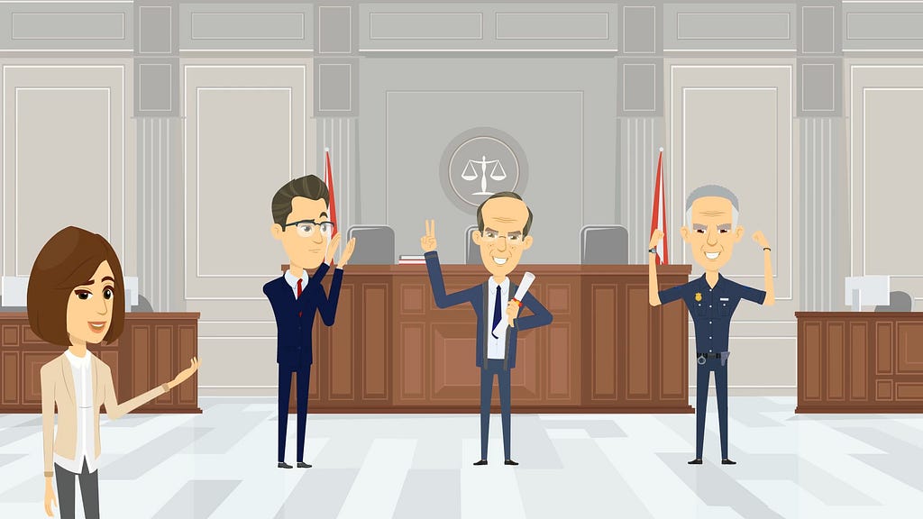 illustration of a public prosecutor, a judge and a police officer