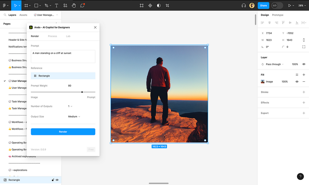 An example use case showing the usage of Ando plug-in in Figma to generate any images based on a prompt given by you