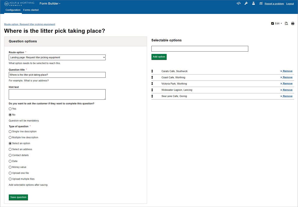 Screenshot: Adding questions and field types to Form Builder