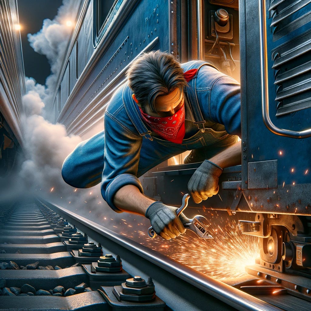 En engineer trying to fix a moving train as a metaphore for fixing software in production.