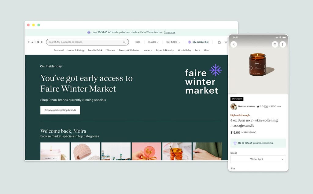 Screens showing the Faire Winter Market 2022 experience. One screen shows the website with a dark green background and market iconography, the other screen shows product details and discount messaging within the Faire app.