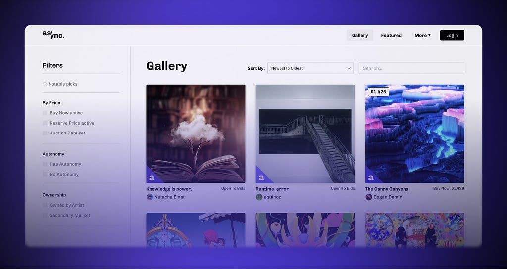 A stylized screenshot of Async Art’s “Gallery” page showcasing a grid of artwork in varying styles