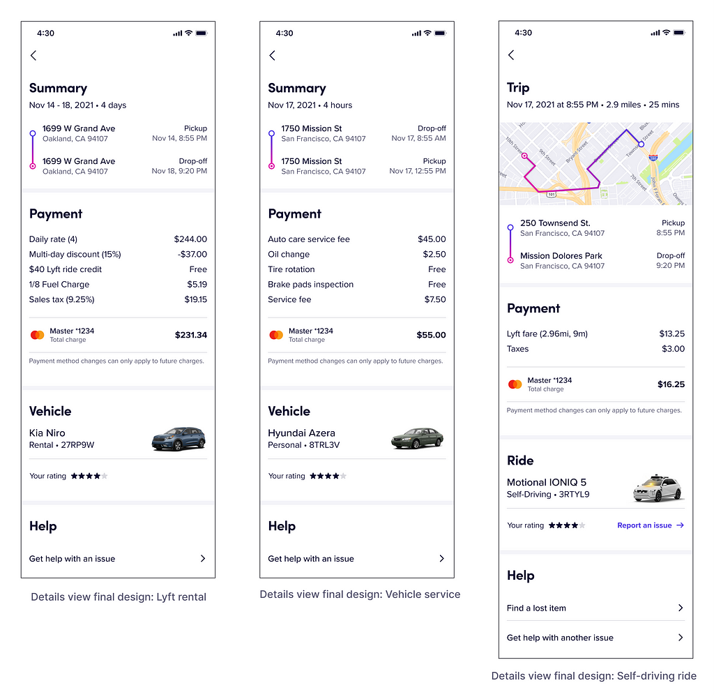 Final Ride Details views for rentals, vehicle service, and self-driving rides