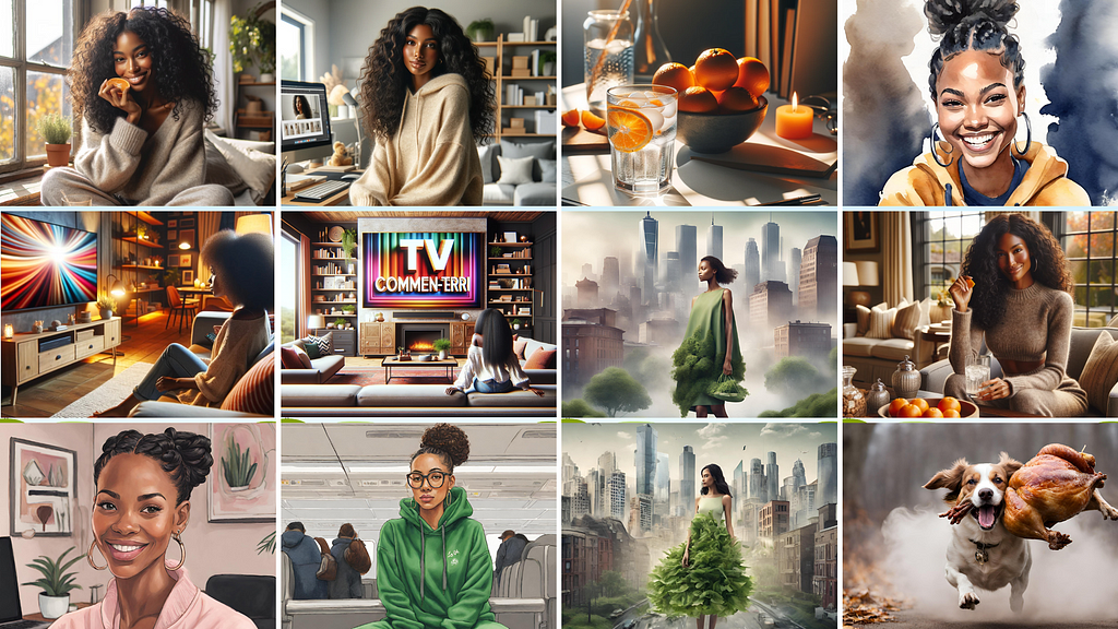 A collage of eight images that illustrate moments of everyday inspiration and creativity, including a woman using DALL-E on her computer, a cozy reading corner, a vibrant watercolor portrait, a serene living space with a TV, an urban landscape with a woman in a dress made of foliage, a woman enjoying a drink with fruit garnish, a cheerful illustration of a woman at her laptop, and a humorous image of a dog carrying a smoked turkey.