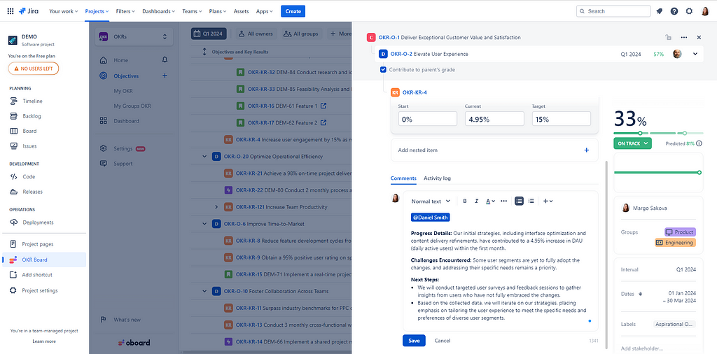 OKR Check-ins in Jira with Oboard OKR tool