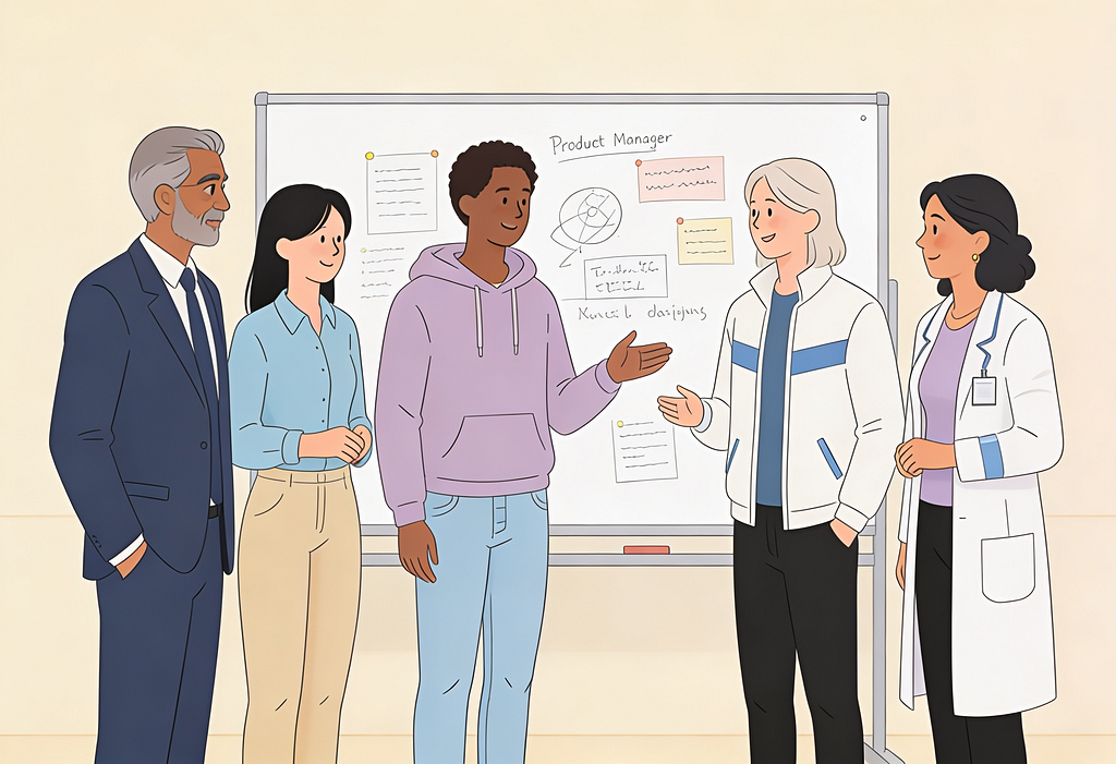 Illustration of a cross-functional product team gathered around a whiteboard, engaged in conversation with one another. The people represent different roles: a business stakeholder in a suit, a designer in a light blue shirt, a product lead in a hoodie gesturing as they speak, a programmer in a white jacket, and a researcher or specialist in a lab coat. The whiteboard behind them shows notes, sticky notes, and a diagram under the heading “Product Manager,” suggesting a collaborative, well-manage
