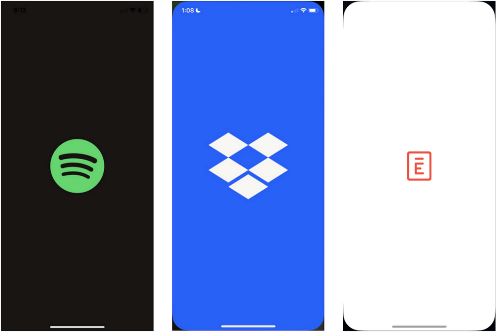 3 mobile splash screens showing: Spotify’s green logo on a black background (left), Dropbox’s white logo on a blue background (middle), and Envoy’s red logo on a white background (right).