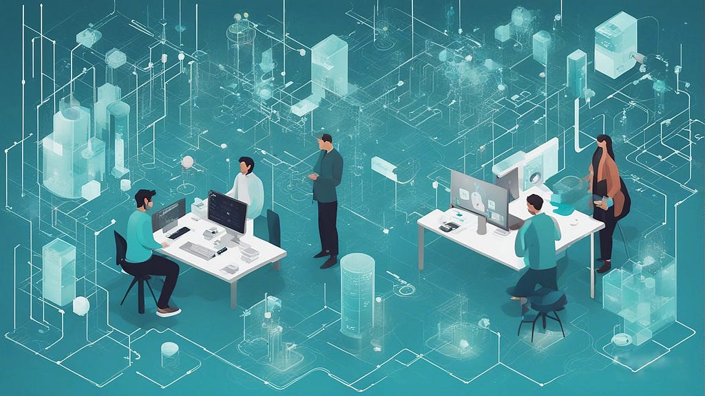 Generative AI image of a data science tea utilising AI and Machine Learning within a complex network of data points.