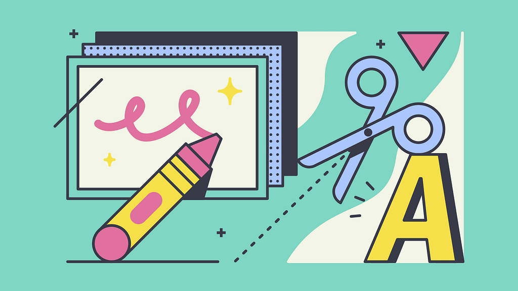 An illustration of a crayon, a pair of scissors and the letter A.