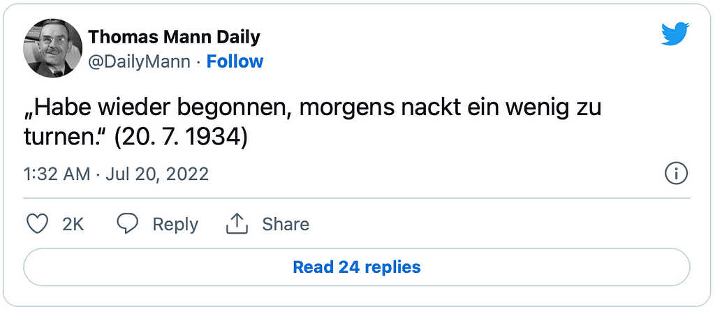 Screenshot of of a post from the @DailyMann Twitter account reading: Habe wieder begonnen, morgens nackt ein wenig zu turnen.” (20.7.1934) English translation: “Started again to do a little gymnastics in the morning naked.”