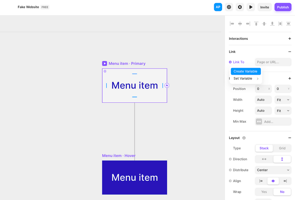 Creating a ‘Link To’ variable for the menu item component in Framer