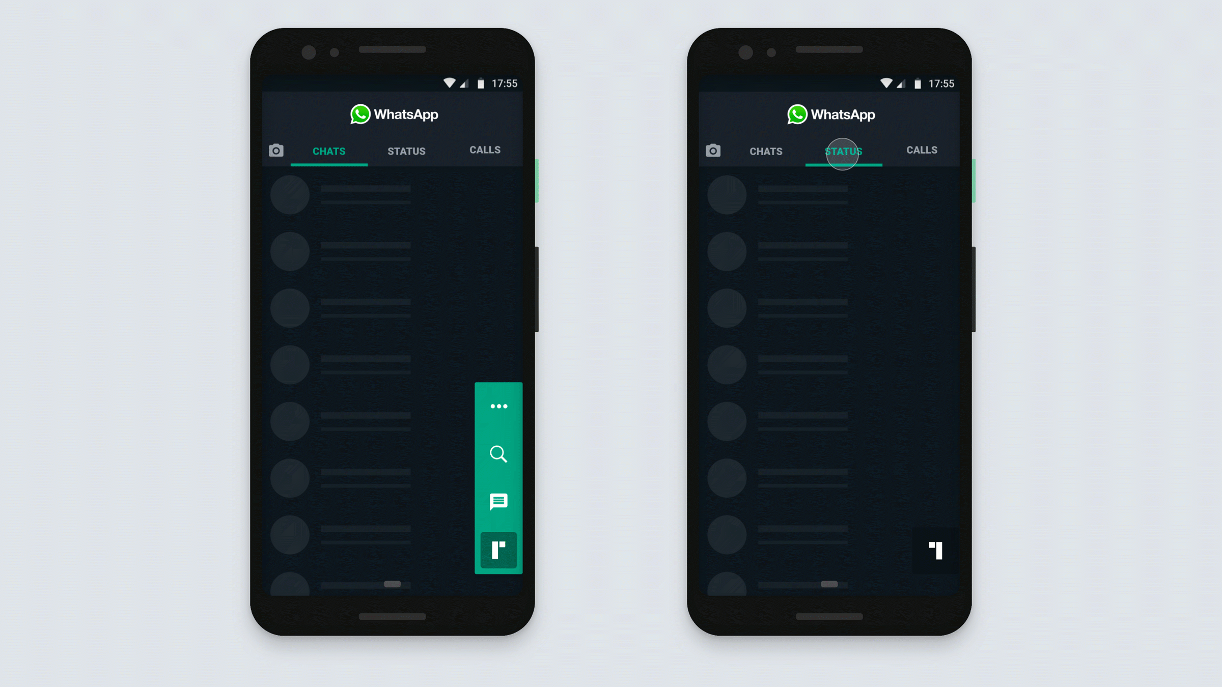A prototype showing the reimagined WhatsApp with the flo menu.