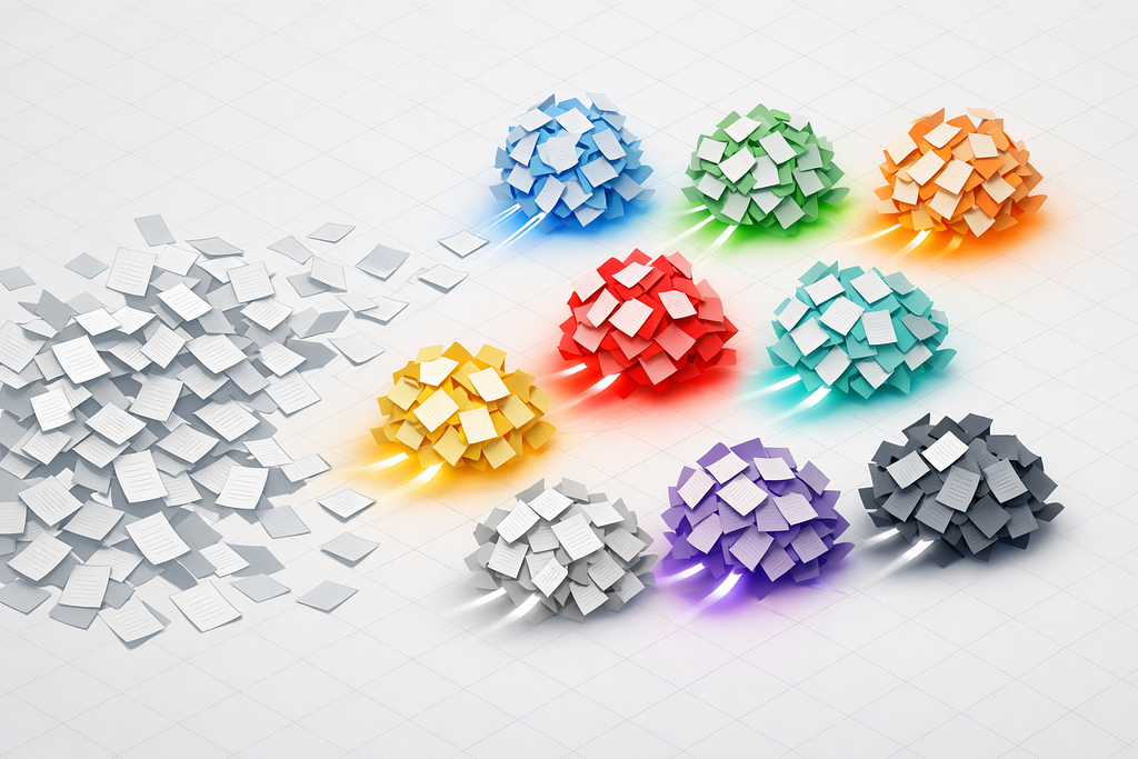 Conceptual illustration of hundreds of scattered document pages being organized by magnetic force into distinct colored clusters on a white background.. Anthony Menghi , mindlet , https://www.mindlet.app