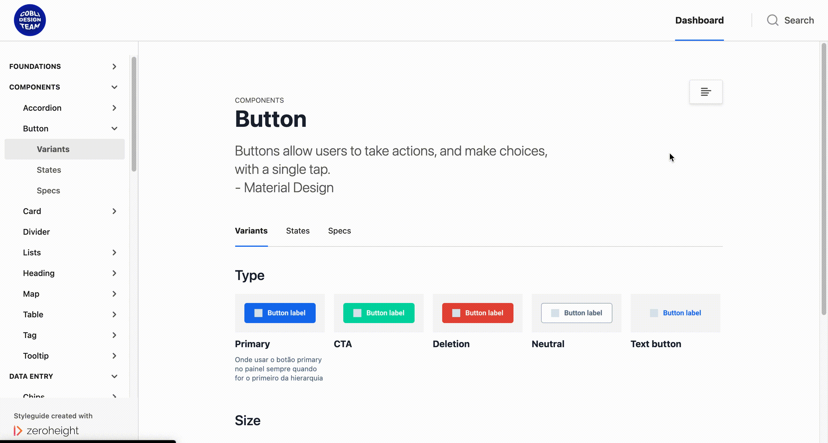 Página na web de documentação do componente botão, contendo seus diferentes tipos, estados e especificações