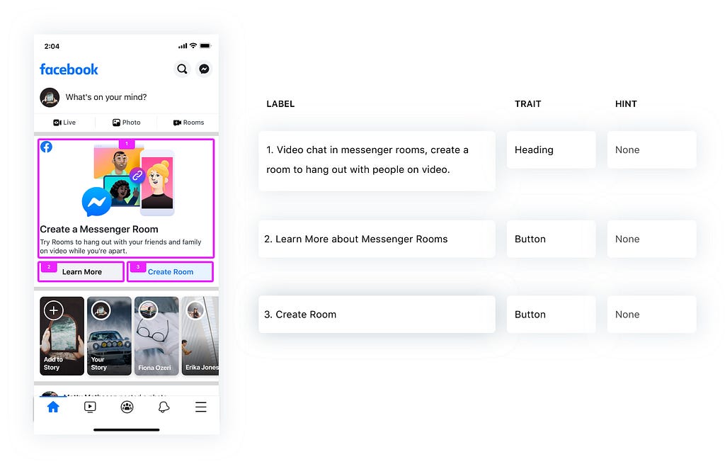 Onboarding screen for Messenger Rooms shows screen reader design specs for labels, traits and hints for three interesting use