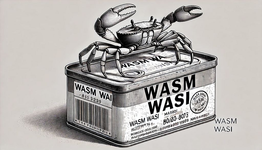 An AI-generated picture of a crab on a square metal can labeled “WASM WASI”