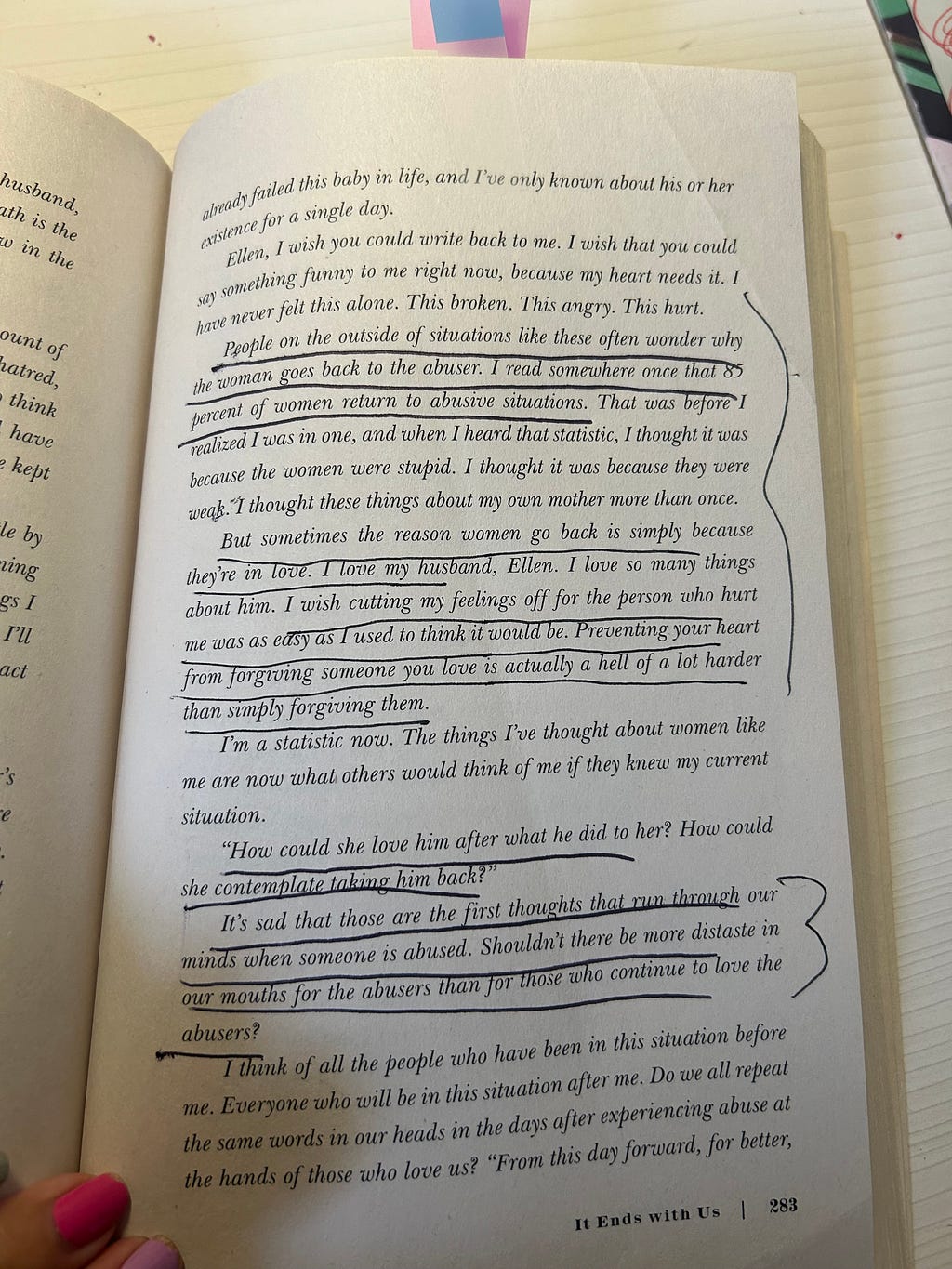 It ends with us by Colleen Hoover pg. 253 about how 85 percent of women return to abusive situations because they love their abuser