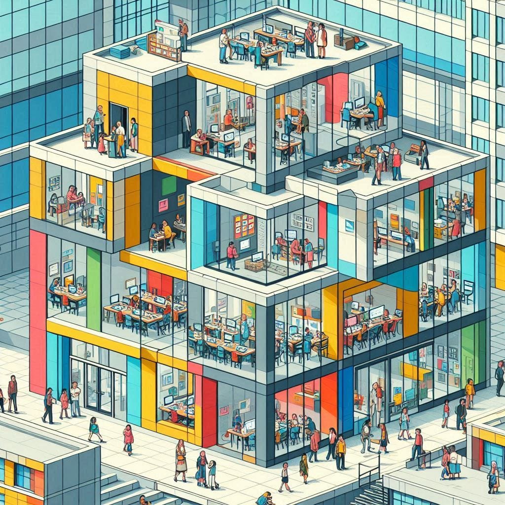 AI generated image of a design school made of modular colourful blocks, you can see adult students studying in groups, on laptops and in lectures through the many glass windows. Outside the school in other see-through buildings, groups of students are talking with citizens and doing different forms of work. In Chiptune style, with primary colours. (Source: Image Creator from Microsoft Designer)