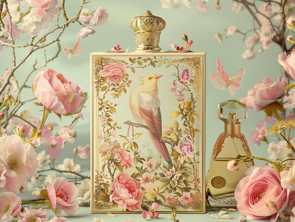 French style perfume box package design , rennisance art style, feminine, birds and flowers, duccio, romantic environment, soft pastel color palette, flowers around