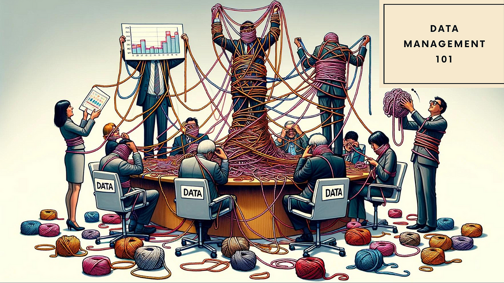 Funny comic about teams in suits being overly caught up and tangled in a “yarn” of data