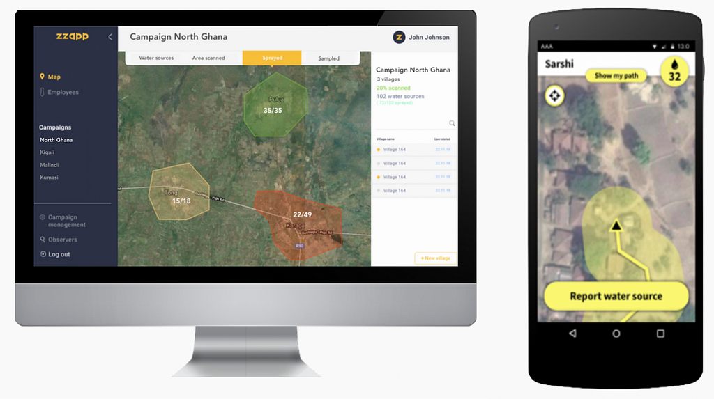 The Zzapp Malaria mobile and desktop app allowing to report and visualize water bodies in African cities and villages