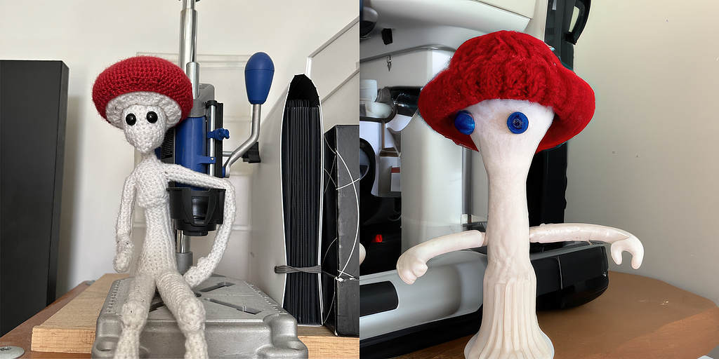 comparison of a photo of a crochet creature and a generated image of the same creature