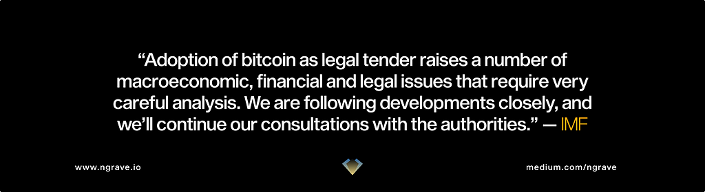 “Adoption of bitcoin as legal tender raises a number of macroeconomic, financial and legal issues that require very careful analysis. We are following developments closely, and we’ll continue our consultations with the authorities.” — IMF