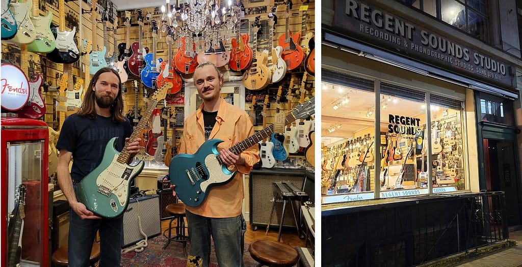 L: Two of the most knowledgeable and helpful salespeople/historians ever, pose with their favourite guitars inside Regent Sounds. R: The exterior of Regent Sounds on Denmark Street. Photos by Laura Metze.