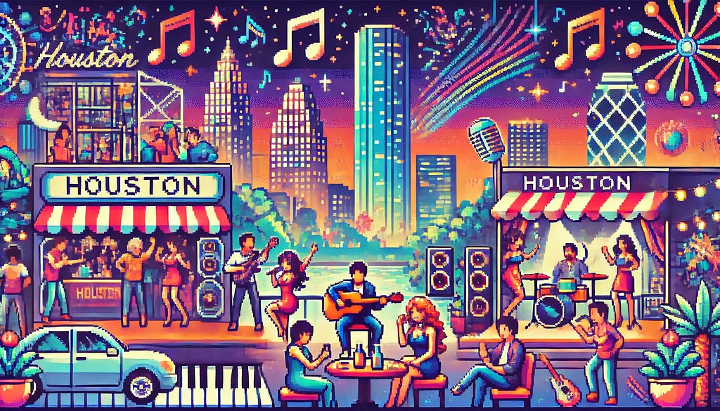 Pixel art of Houston’s vibrant nightlife scene. Diverse people are enjoying live music at a club, dancing in a lively venue, and relaxing at a rooftop bar with a view of the city skyline. Bright neon lights, music notes, and colorful city lights capture the energy of the night, with a starry sky enhancing the vibrant atmosphere.