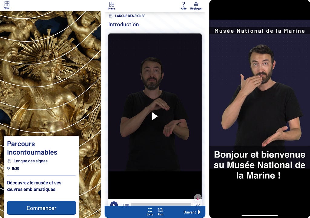 Marine web app interface for the Musée National de la Marine with sign language options. The left screen features a golden naval sculpture, and the center and right screens show a man in black interpreting in sign language with ‘Introduction’ and a welcome message