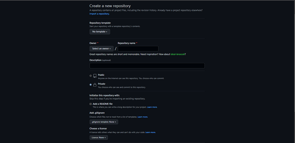 create new repository screenshot