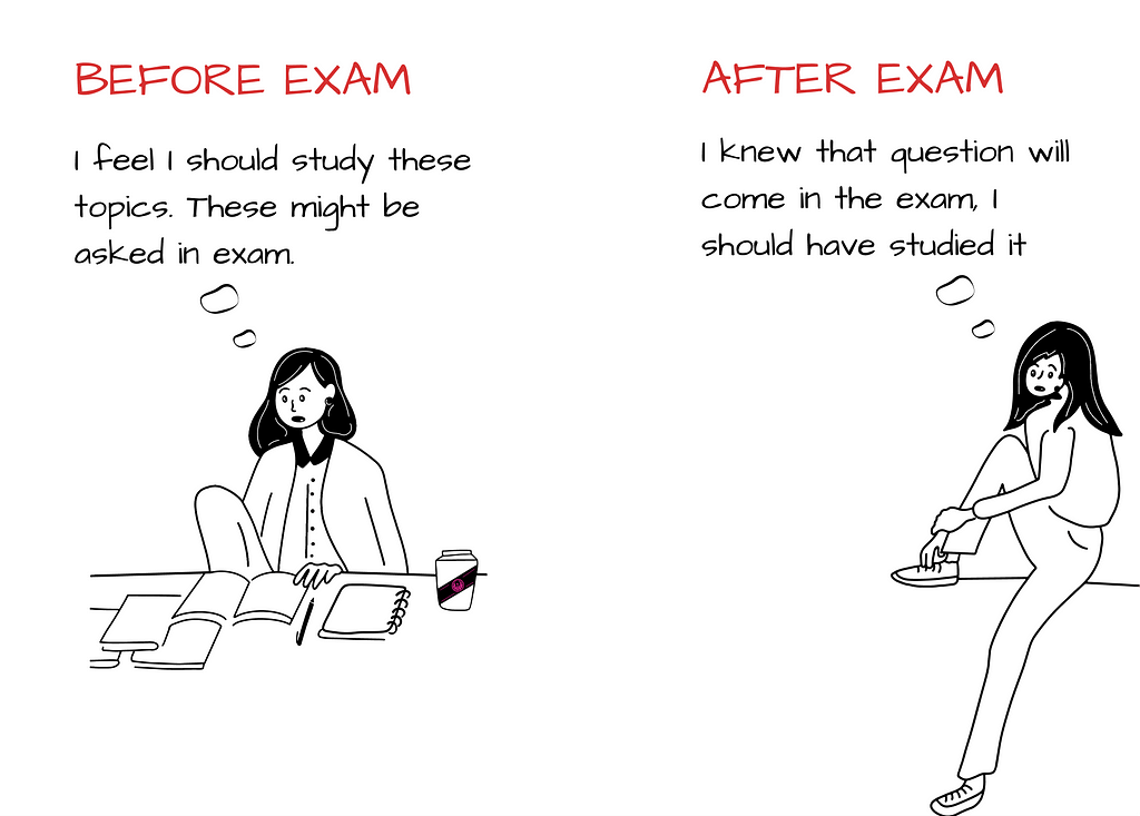 A girl is sitting on left side studying, a scene before the exam. Right side, the same girl is sitting on bench & crying