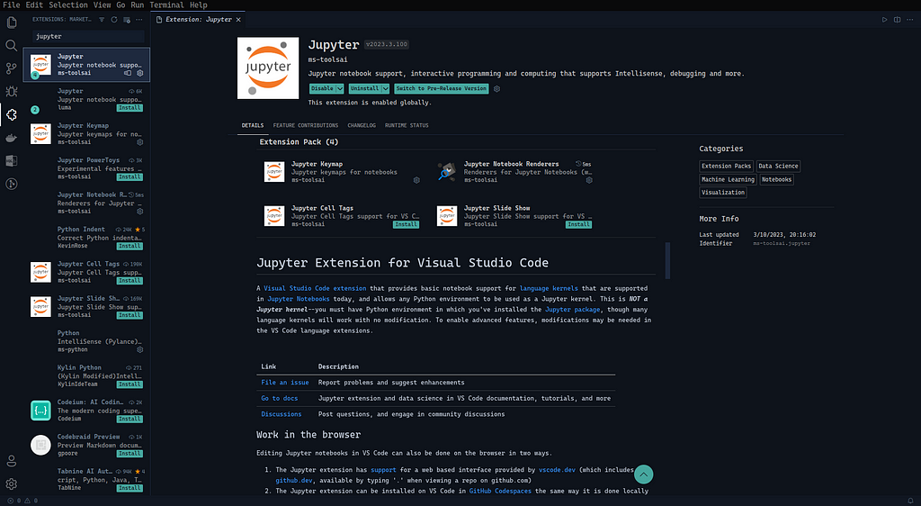 Jupyter Extension in Visual Studio Code