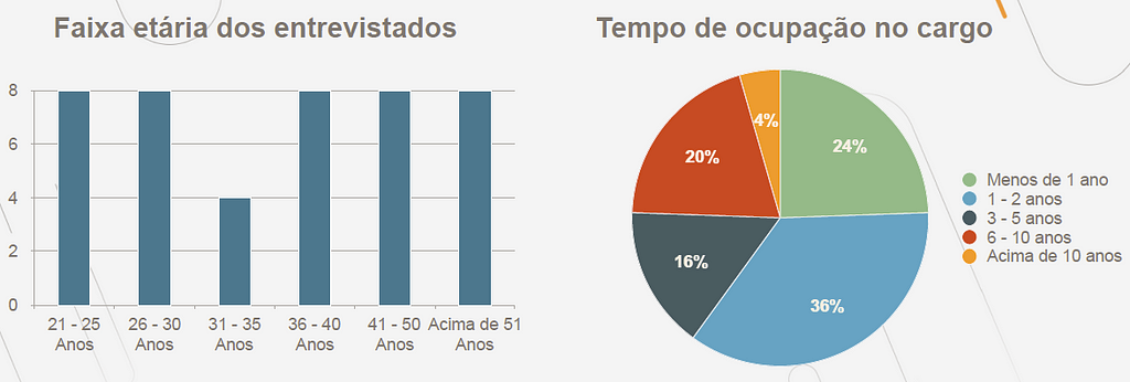 Gráfico de barras que exibe a quantidade de entrevistados por faixa etária e gráfico de pizza que representa o percentual de tempo de ocupação nos cargos da hotelaria.
