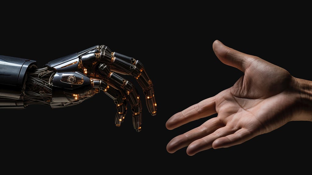 Photo of human and robot hand about to shake