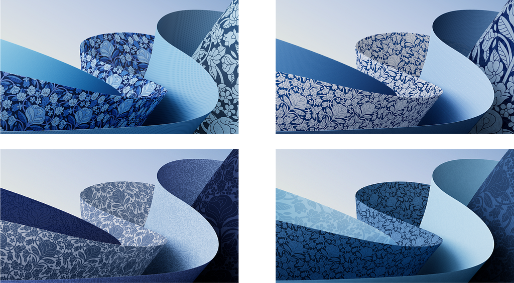 Image of a quadrant of four different variations of a blue digital layered fabric.
