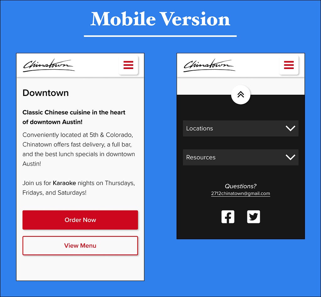 A side-by-side design of the mobile design, above fold and footer.