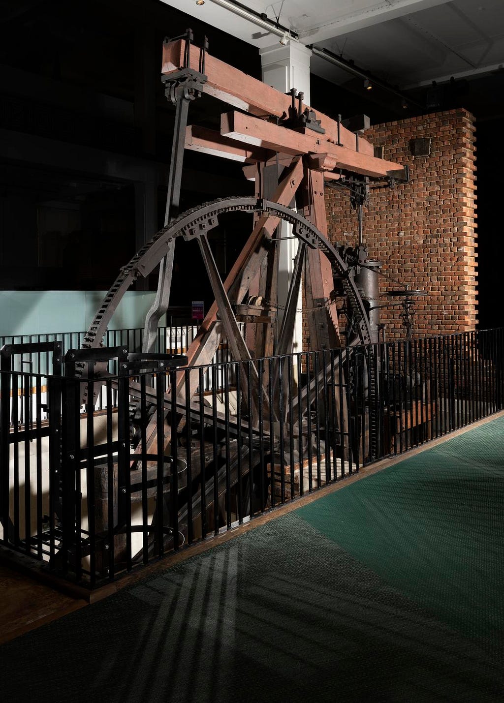 The Boulton and Watt Rotative Beam Engine built by James Watt in 1788. The engine was used at Matthew Boulton’s Soho Manufactory in Birmingham, where it drove 43 metal polishing (or ‘lapping’) machines for 70 years.Science Museum Group. Rotative steam engine by Boulton and Watt, 1788. 1861–46Science Museum Group Collection Online. Accessed May 24, 2023. https://collection.sciencemuseumgroup.org.uk/objects/co50948/rotative-steam-engine-by-boulton-and-watt-1788-beam-engine-steam-engine.