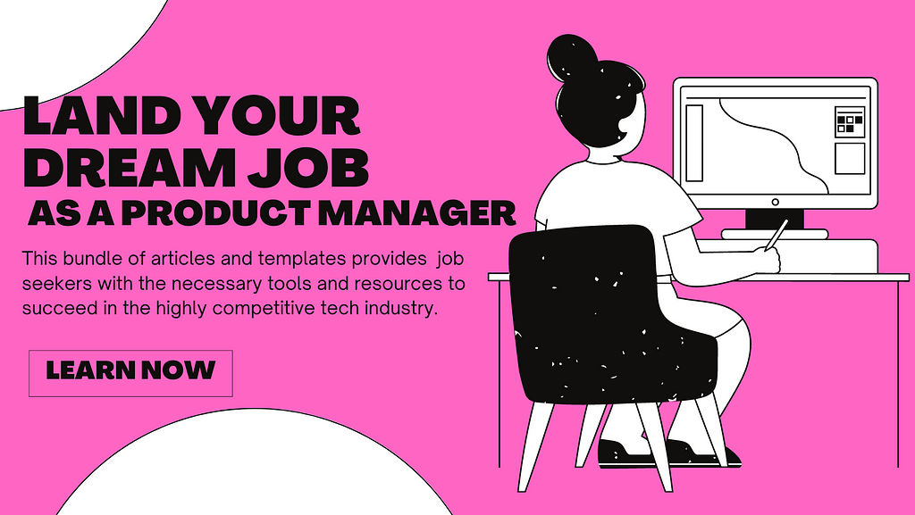 This is a cover picture for the course I am sharing on how to land your dream job as product manager. It has an illustration of a girl working on her laptopt and a pink background.