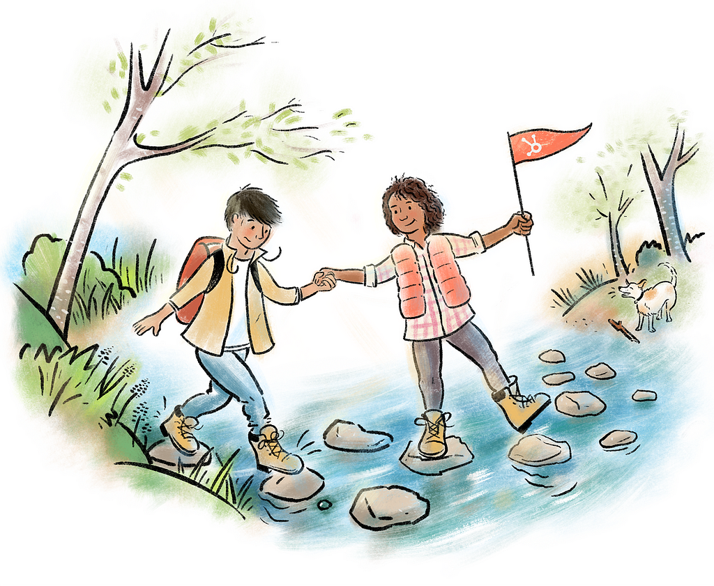 A smiling woman in hiking clothes helps a person step across stones in a river while a friendly dog barks on the shore.