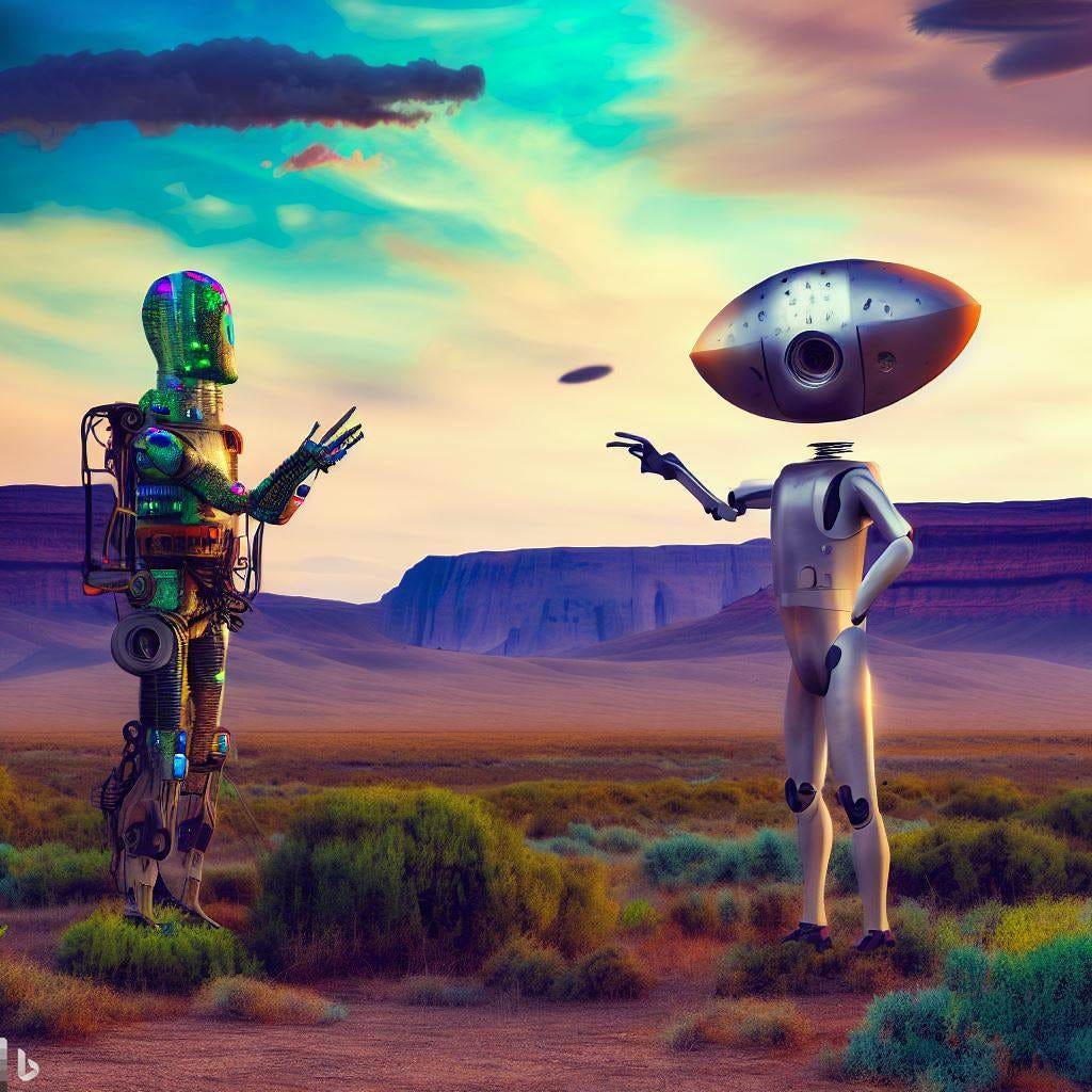 An alien talking to a robot in Texas landscape
