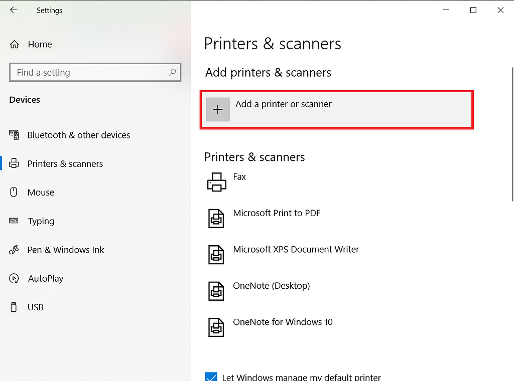 Add a printer option in windows settings