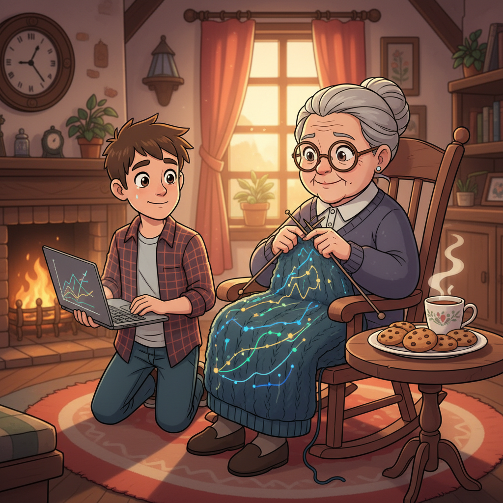Cartoon grandmother knitting an exponential smoothing curve while engineers watch in awe